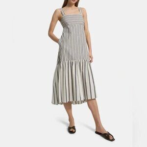 heory Venture Striped Tie-Back Poplin Cotton Midi Dress | Size P
